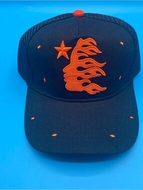 Hellstar Black Hat with Orange Flame Profile Patch - Men’s Trucker Cap